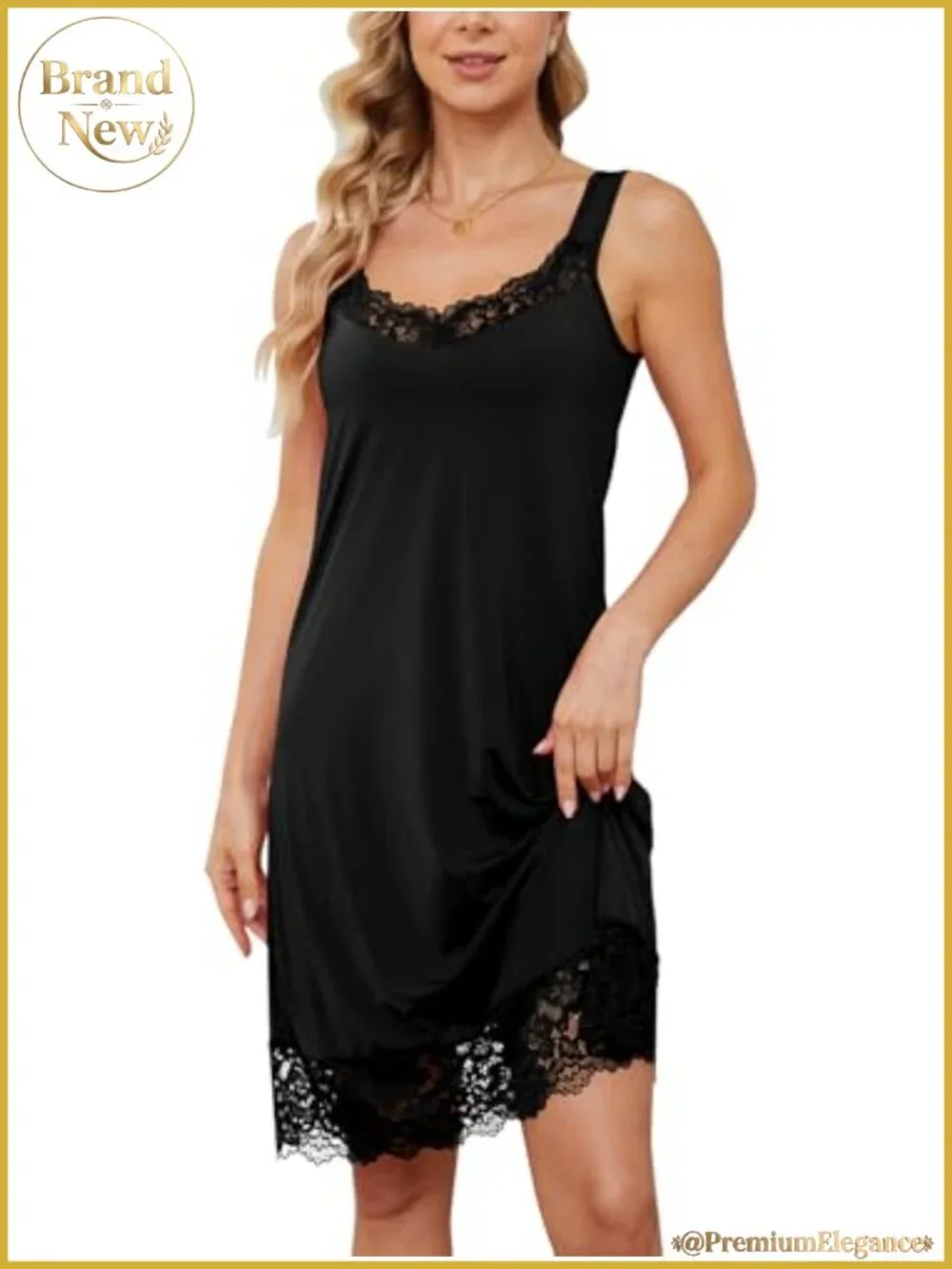 Silky Satin Slip Dress Women V-Neck Lace Trim Nightgown Sleepwear Full Slip